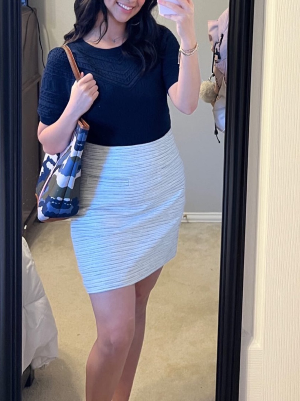 LOFT Navy Top with Light Gray Pencil Skirt
